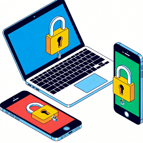 Ilustrasi berbagai perangkat digital seperti laptop dan ponsel dengan simbol gembok keamanan