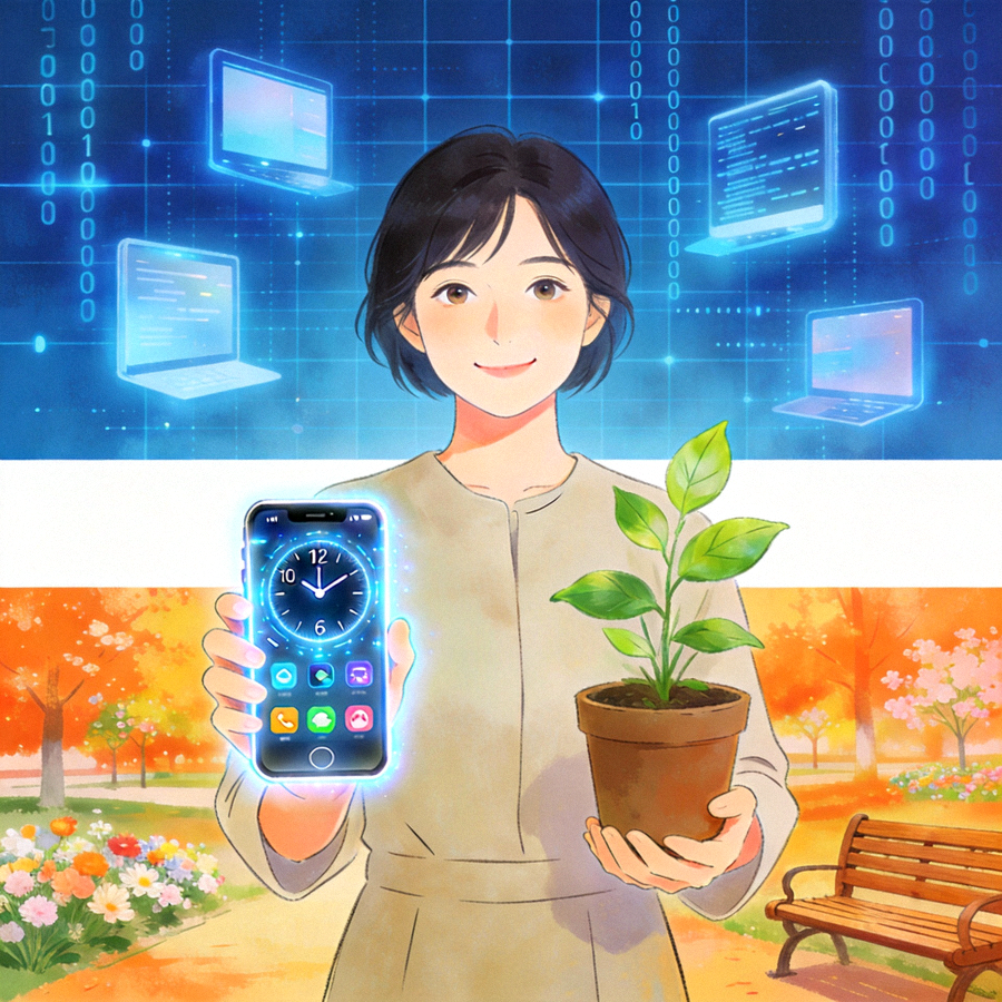 Ilustrasi keseimbangan antara waktu di dunia digital dan kehidupan nyata